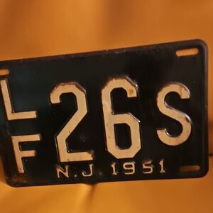 Vintage New Jersey Steel 1951 Black and White License Plate .